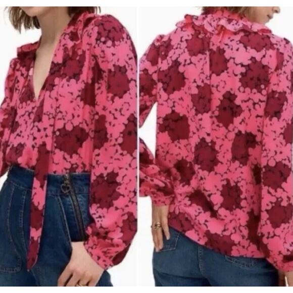 Kate Spade Blouse Pink & Burgundy Floral Small V-Neck W/ Tie Long‎ Sleeve Ruffle - Picture 7 of 9